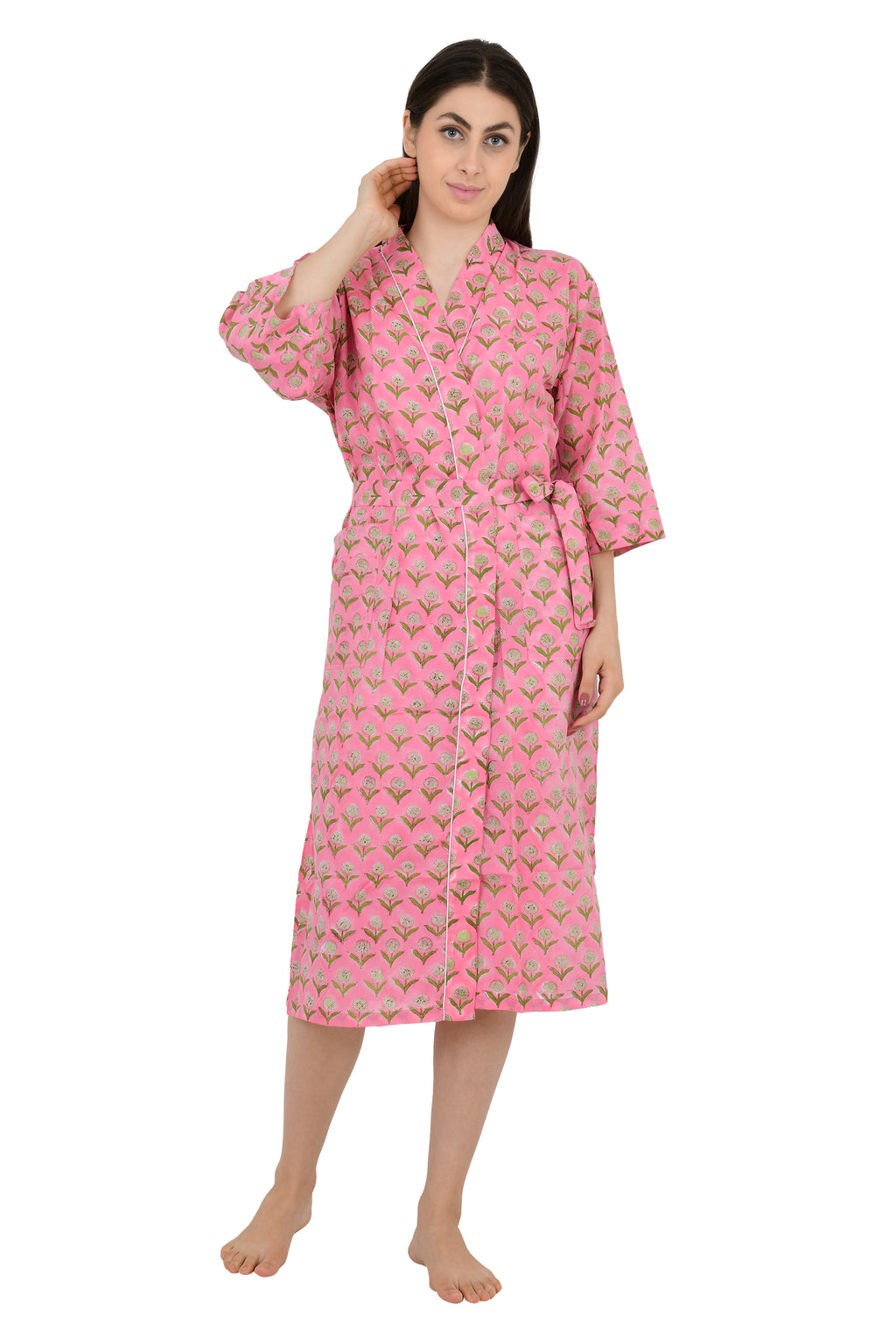 block-printed Cotton Kimono Robe in pink yellow floral