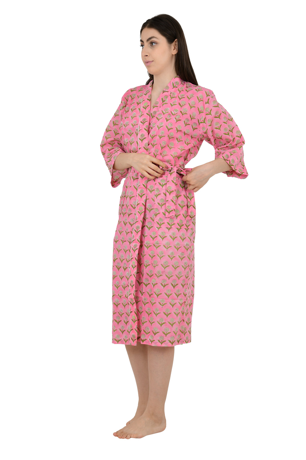 block-printed Cotton Kimono Robe in pink yellow floral