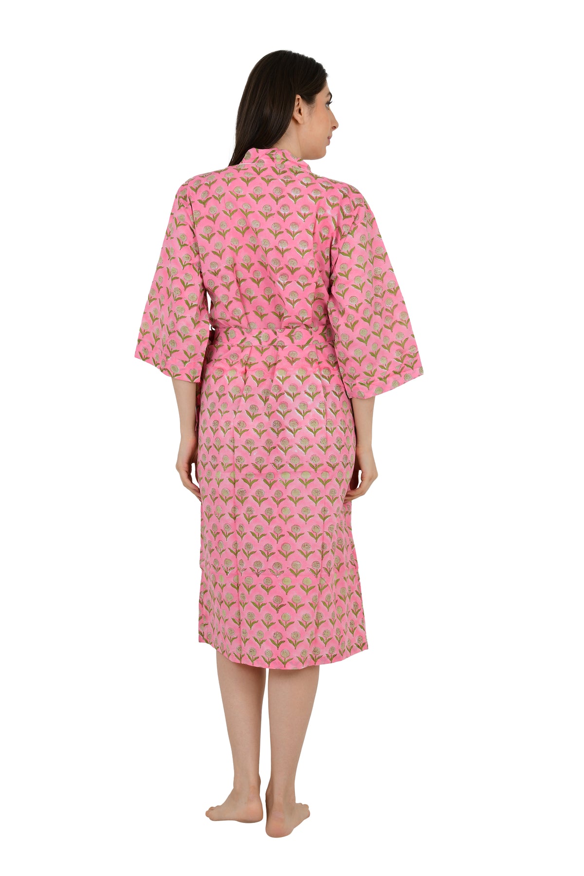Boho House Robe Indian Handprinted Cotton Kimono Pink Yellow Floral | Perfect for Summer Luxury Beach Holidays Yacht Cover Up Stunning Dress