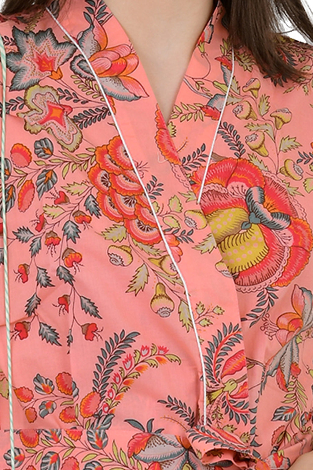 Women's block-printed Cotton Kimono Robe in peach red floral