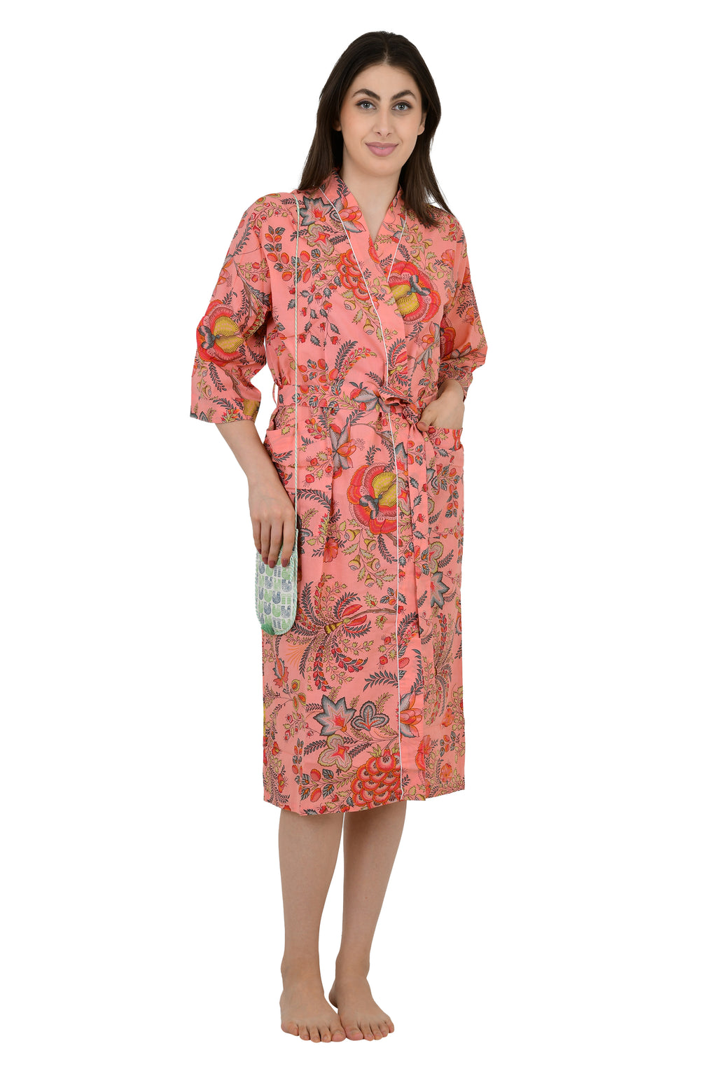 Women's block-printed Cotton Kimono Robe in peach red floral
