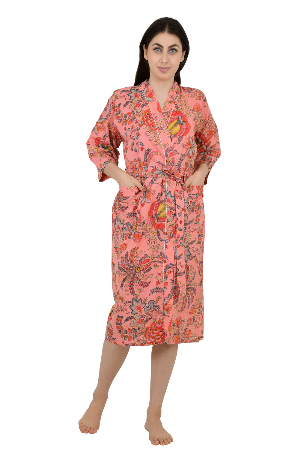 Women's block-printed Cotton Kimono Robe in peach red floral
