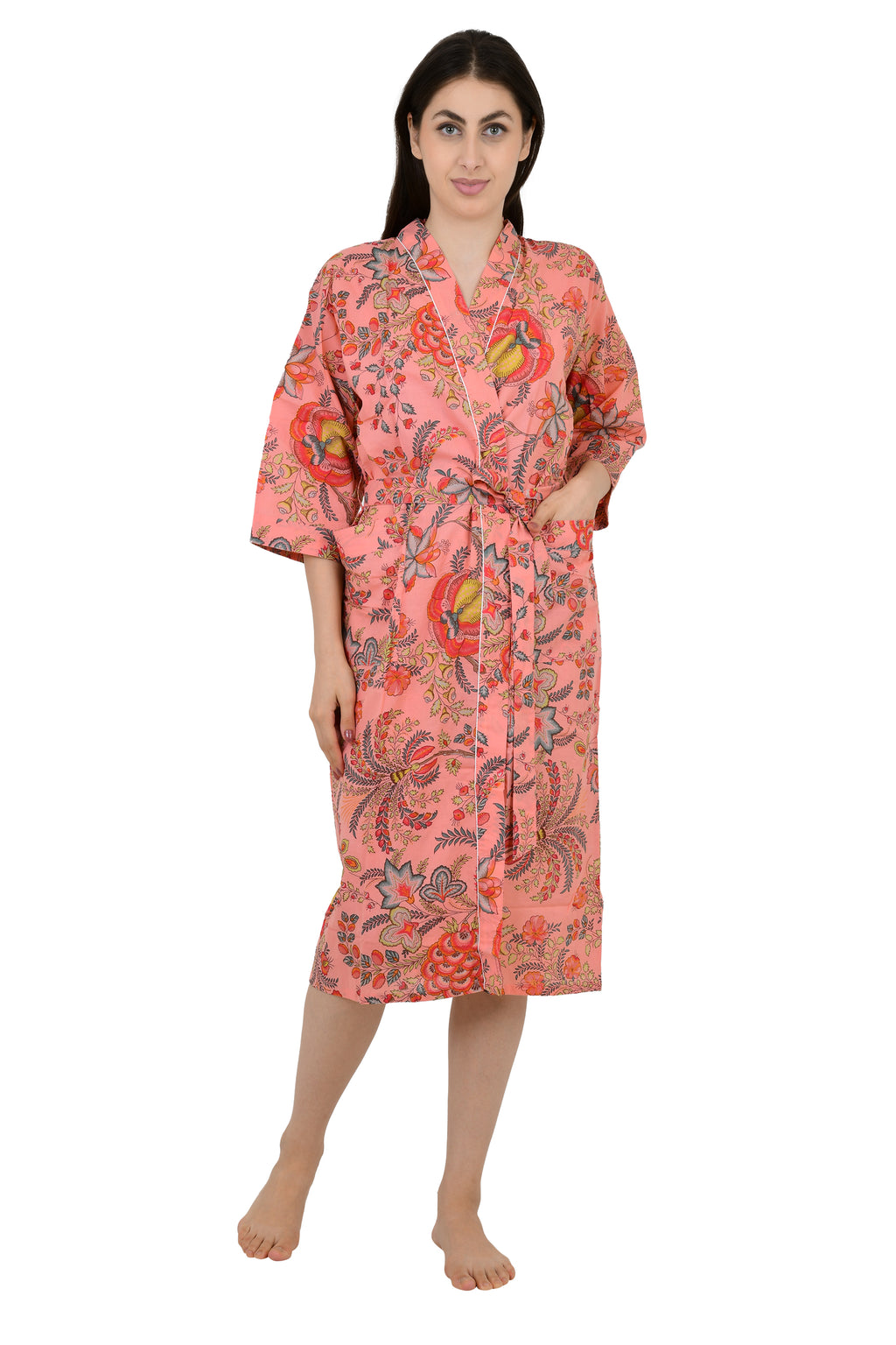 Women's block-printed Cotton Kimono Robe in peach red floral