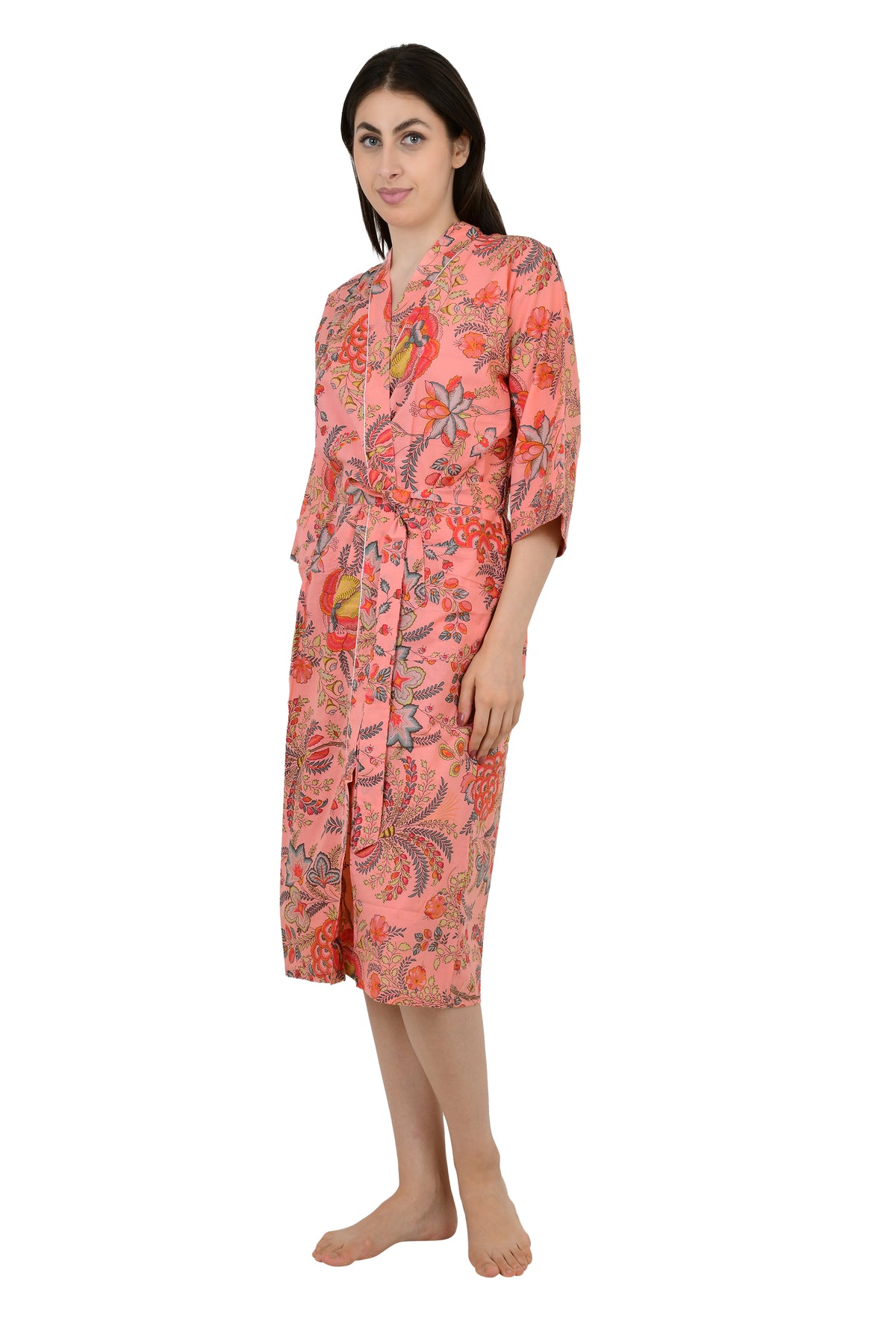 Women's block-printed Cotton Kimono Robe in peach red floral