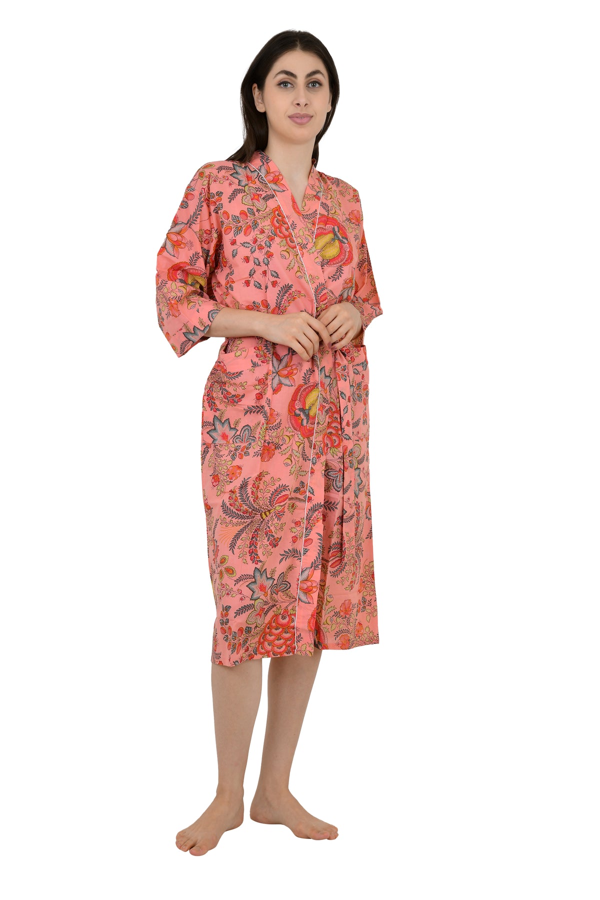 Women's block-printed Cotton Kimono Robe in peach red floral