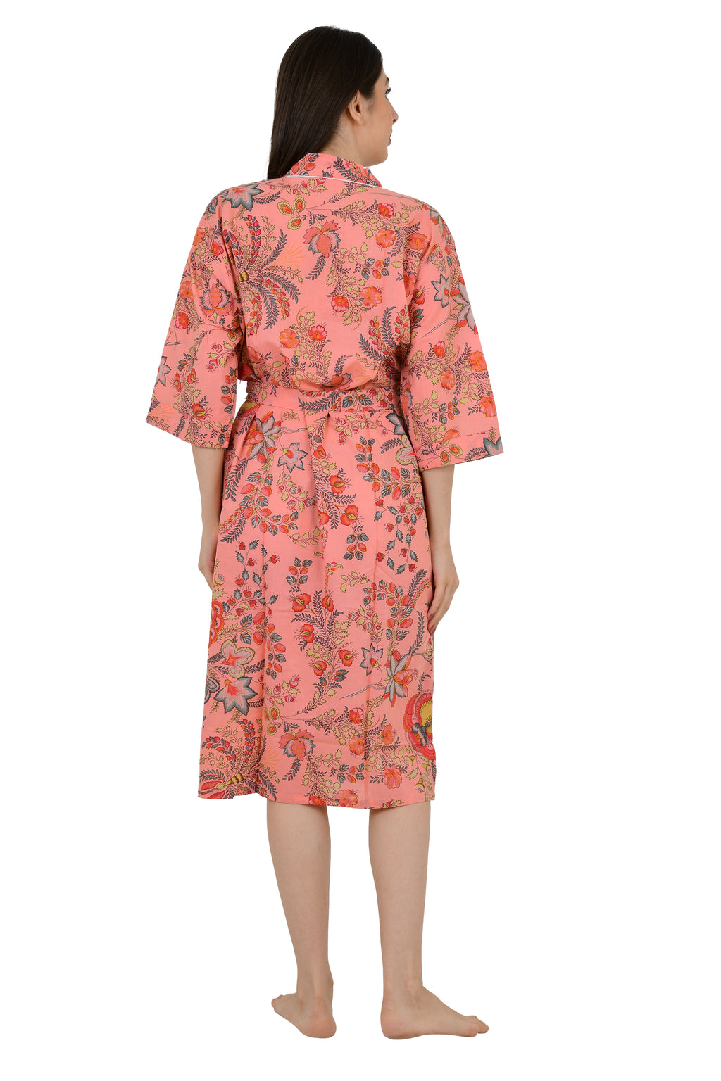 Women's block-printed Cotton Kimono Robe in peach red floral