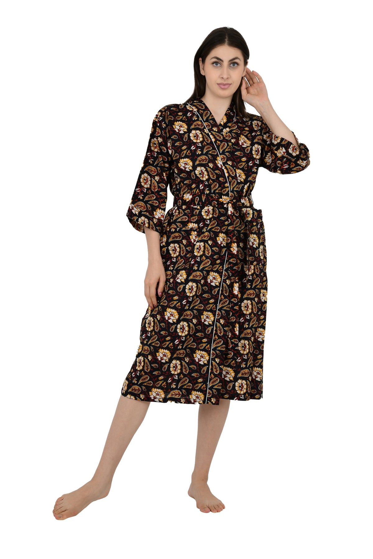 Pure Cotton Kimono Indian Handprinted Boho House Robe Summer Dress, Black Saffron Floral Botanical Garden Beach Coverup Maternity Mom Bridal