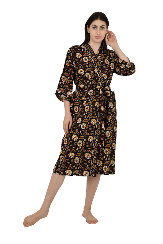 Pure Cotton Kimono Indian Handprinted Boho House Robe Summer Dress, Black Saffron Floral Botanical Garden Beach Coverup Maternity Mom Bridal