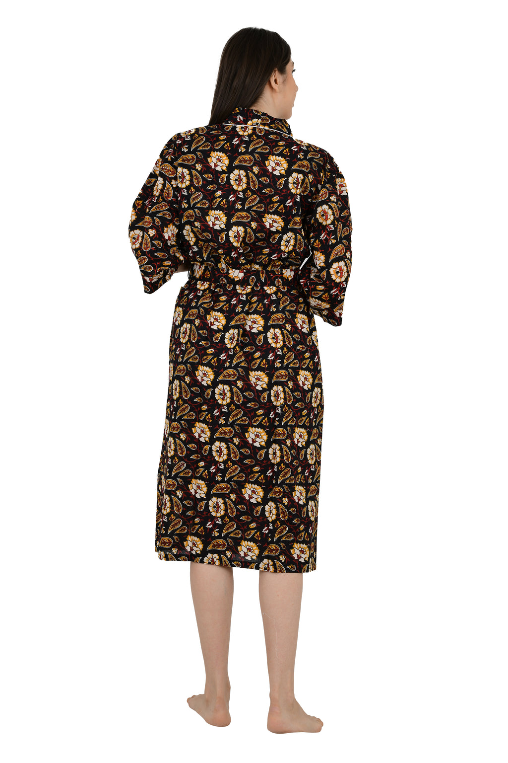 Women's block-printed Cotton Kimono Robe in black saffron floral