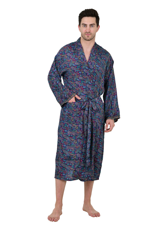 Men's Boho Silk Kimono Robe: Persian Paisley, Elegant Blue & Pink