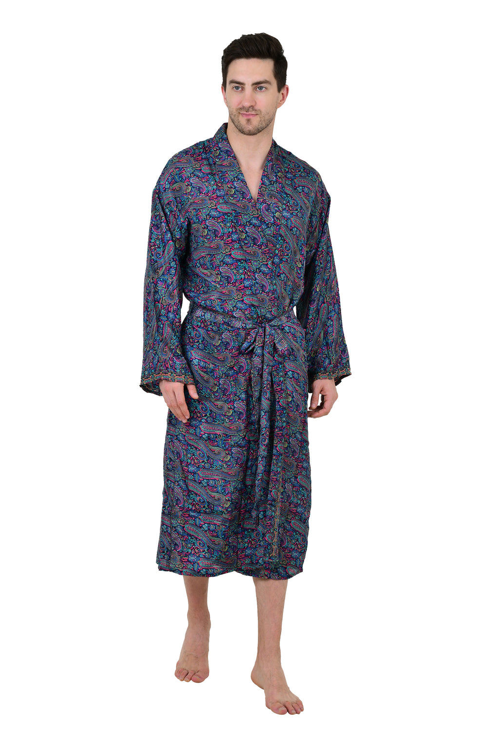 Men's Silk Kimono Robe in blue pink paisley