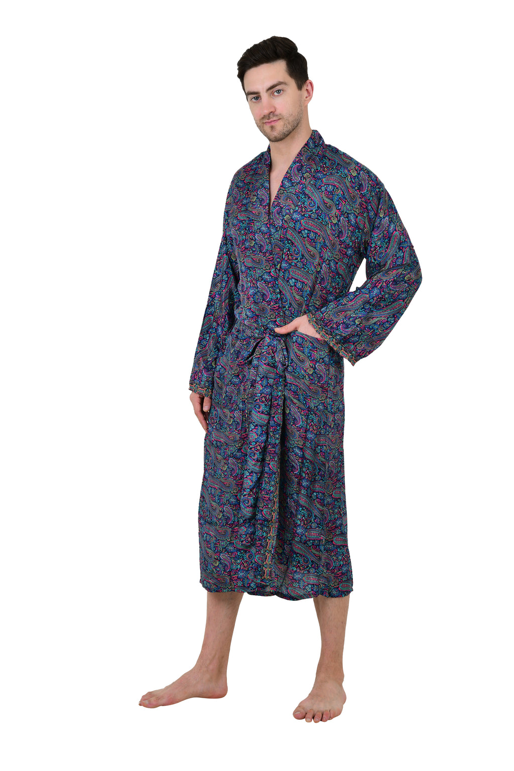 Men's Silk Kimono Robe in blue pink paisley