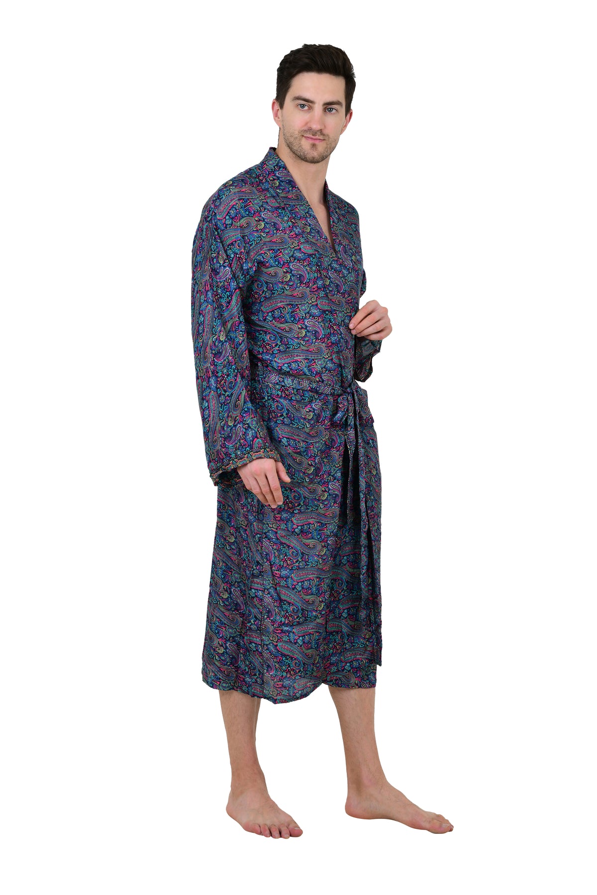 Men's Silk Kimono Robe in blue pink paisley