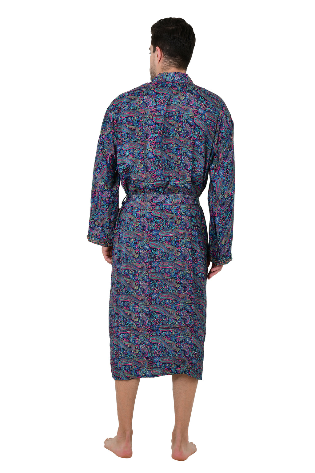 Men's Silk Kimono Robe in blue pink paisley