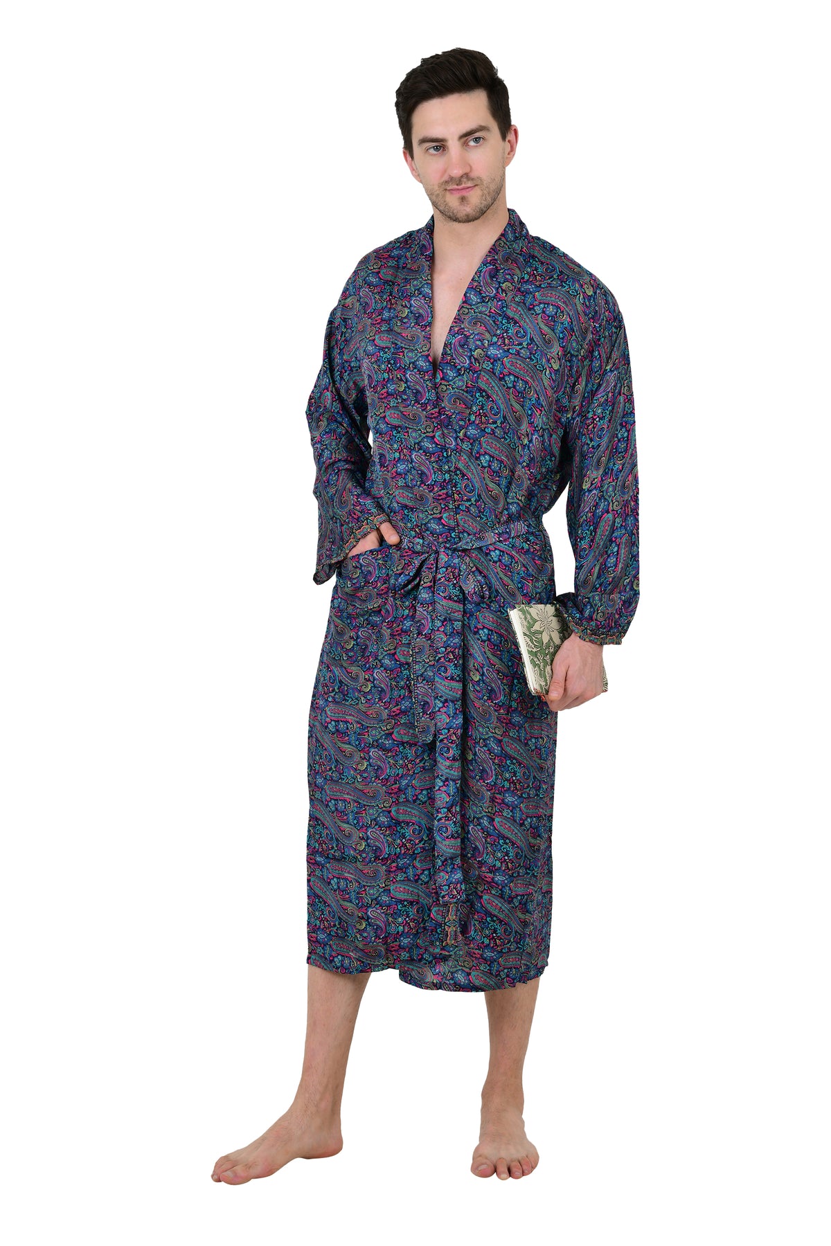 Men's Silk Kimono Robe in blue pink paisley