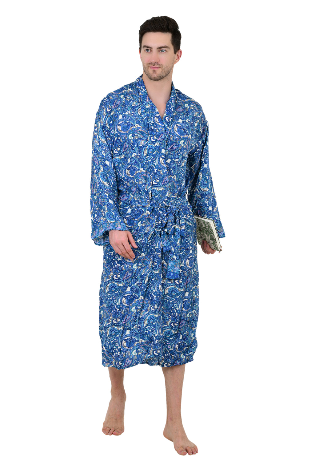 Boho Herren Kimono aus weicher Seide, Strandmantel für Männer von Regal House, Persian King Paisley Elegante Blau-Gelb-Töne