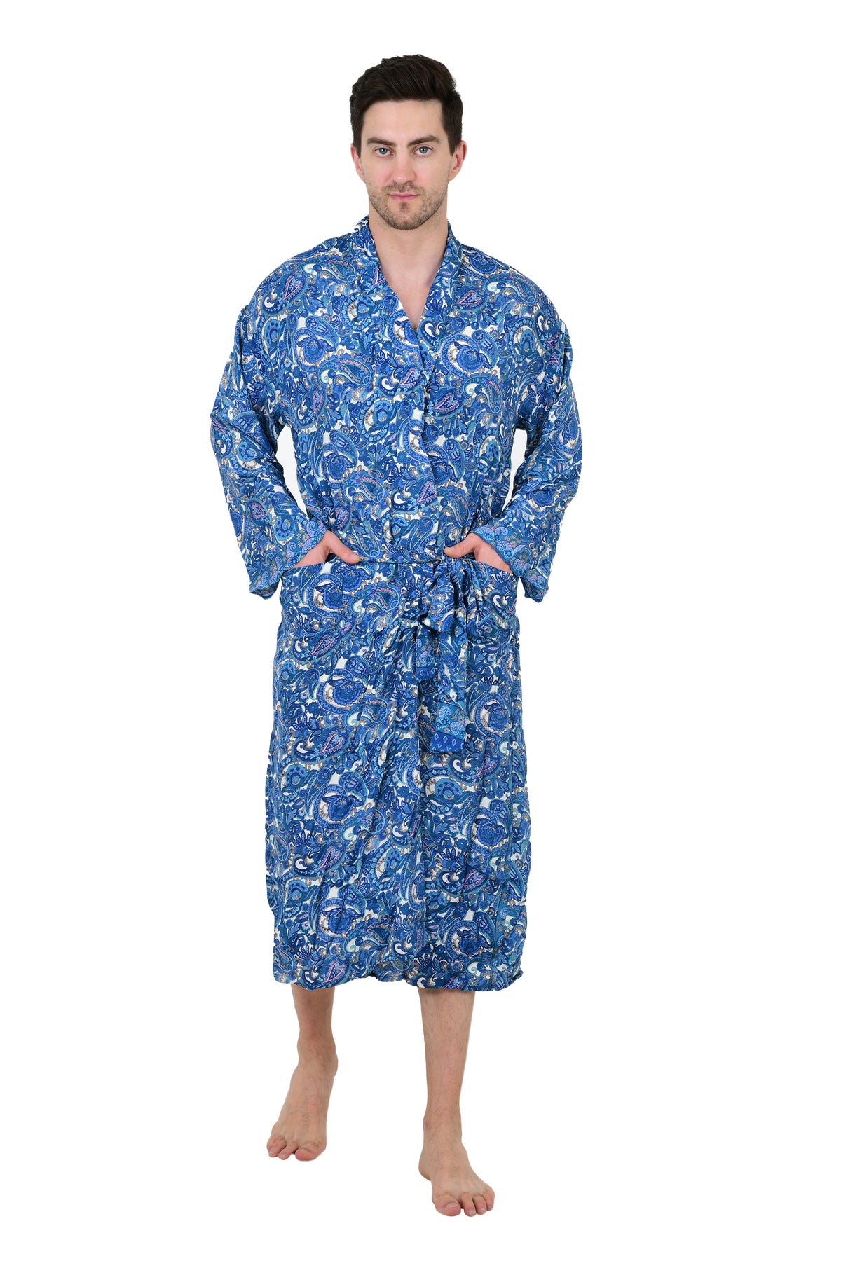 Boho Herren Kimono aus weicher Seide, Strandmantel für Männer von Regal House, Persian King Paisley Elegante Blau-Gelb-Töne