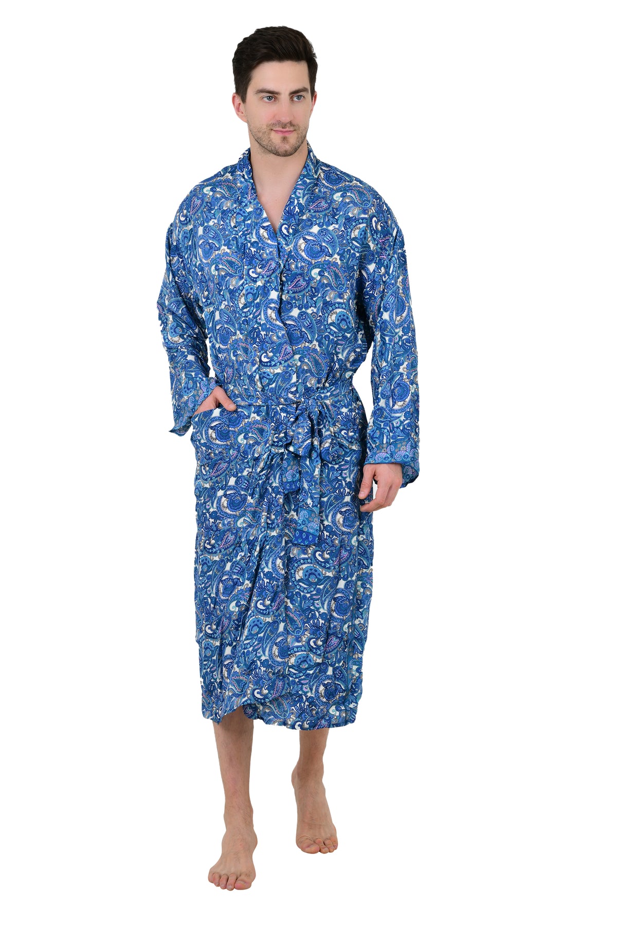 Boho Herren Kimono aus weicher Seide, Strandmantel für Männer von Regal House, Persian King Paisley Elegante Blau-Gelb-Töne