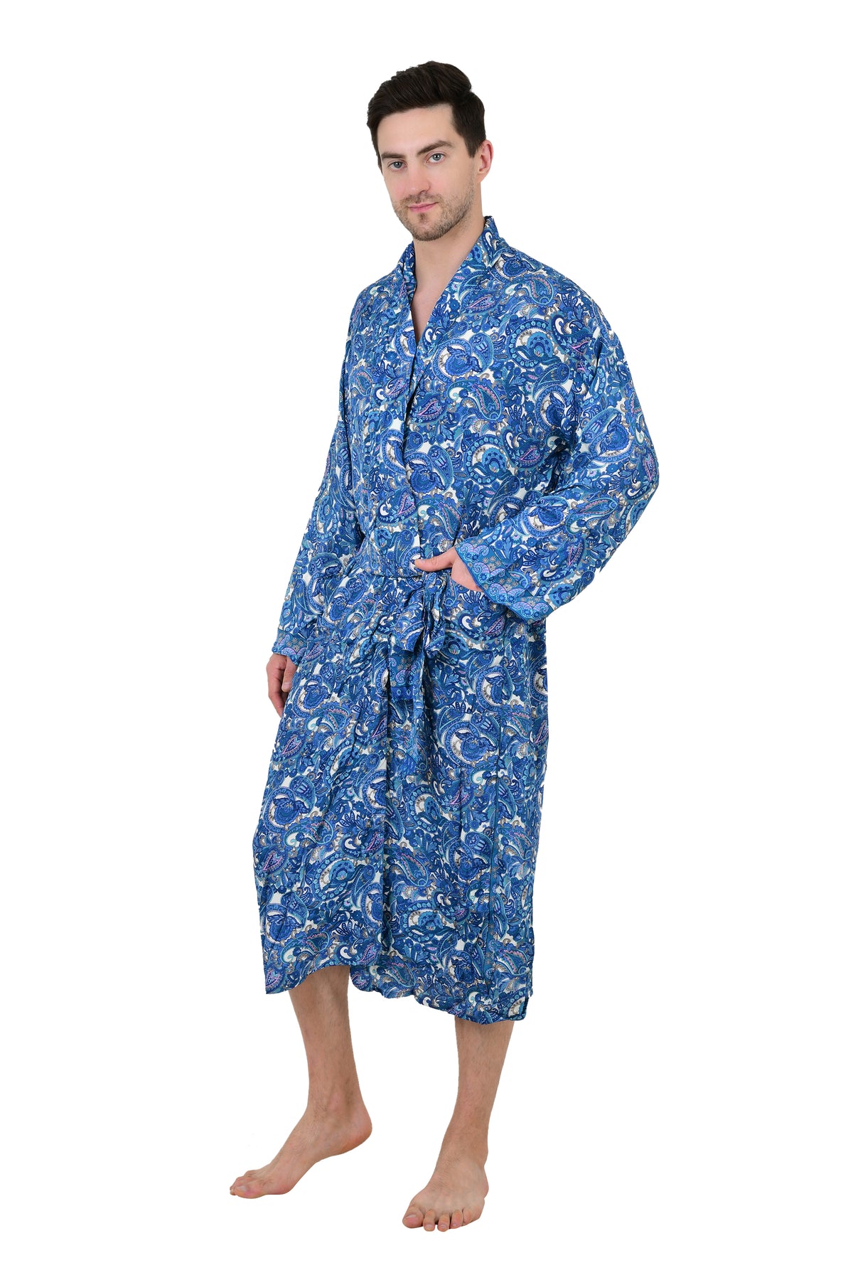 Boho Herren Kimono aus weicher Seide, Strandmantel für Männer von Regal House, Persian King Paisley Elegante Blau-Gelb-Töne