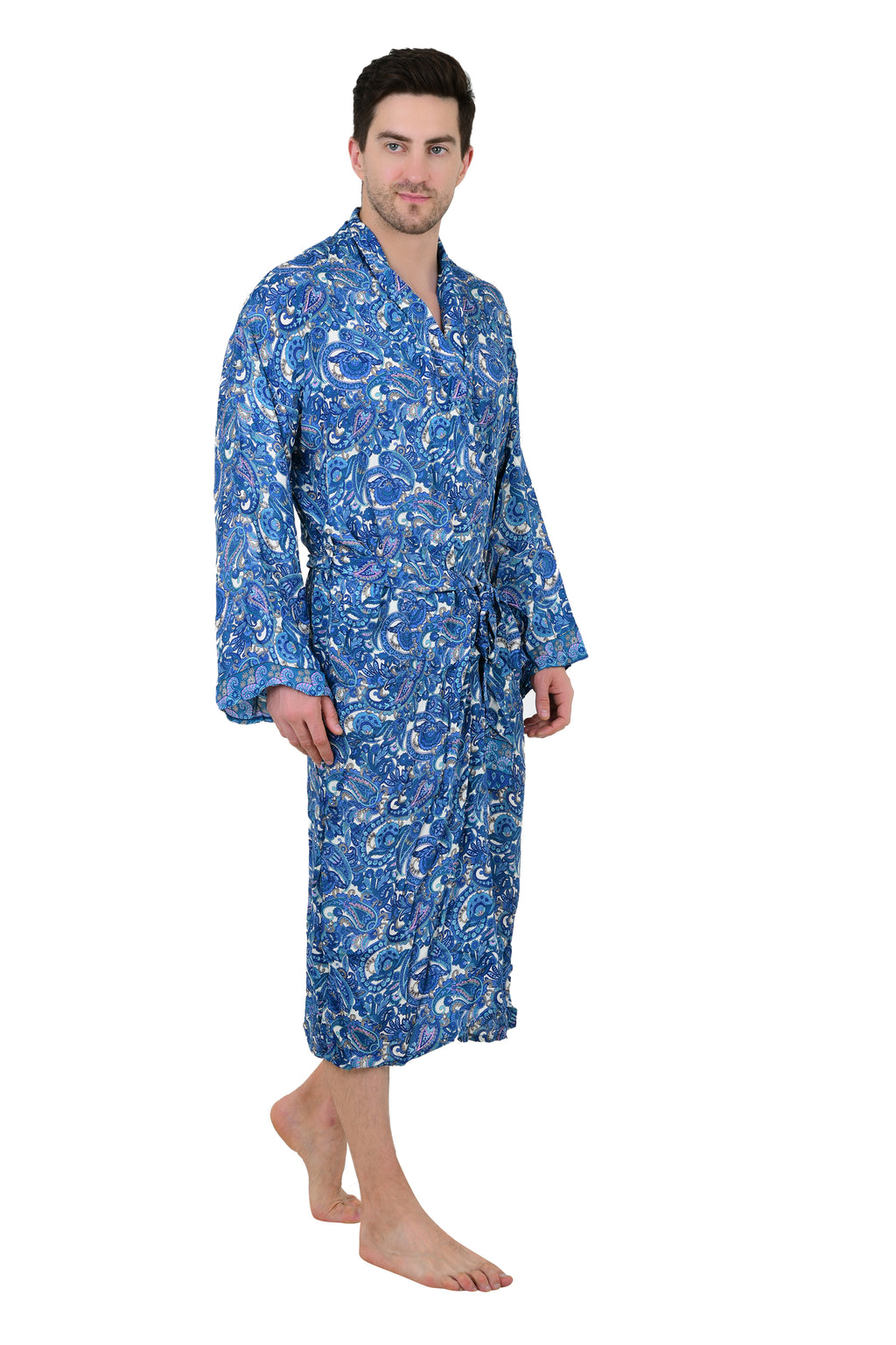 Boho Herren Kimono aus weicher Seide, Strandmantel für Männer von Regal House, Persian King Paisley Elegante Blau-Gelb-Töne
