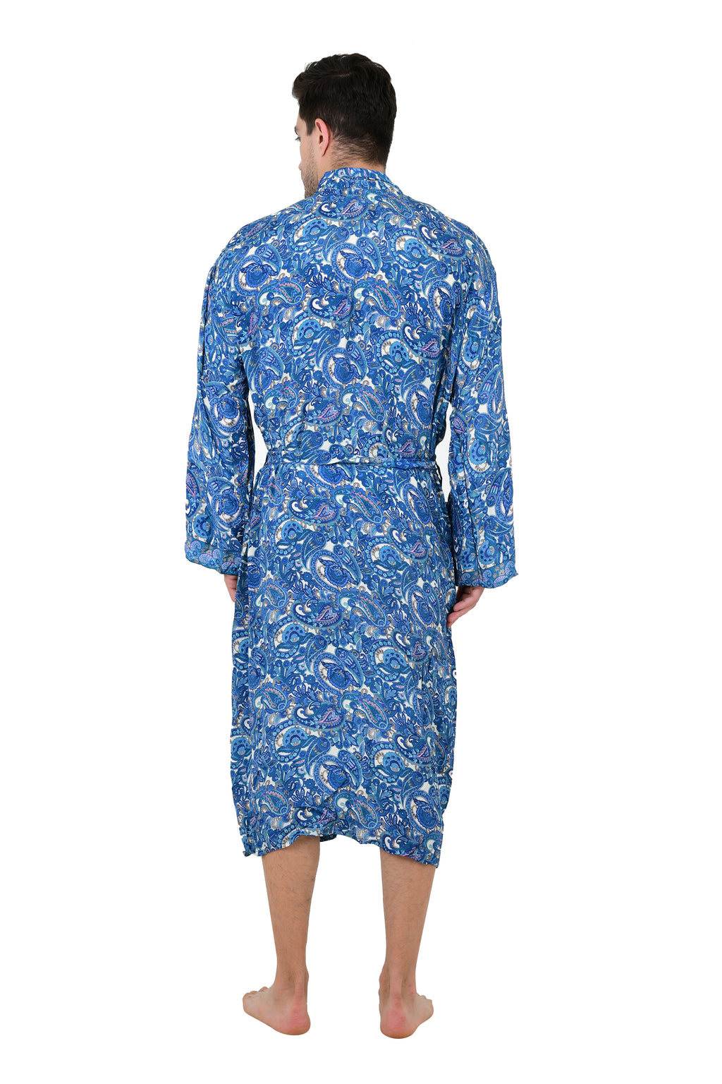 Boho Herren Kimono aus weicher Seide, Strandmantel für Männer von Regal House, Persian King Paisley Elegante Blau-Gelb-Töne