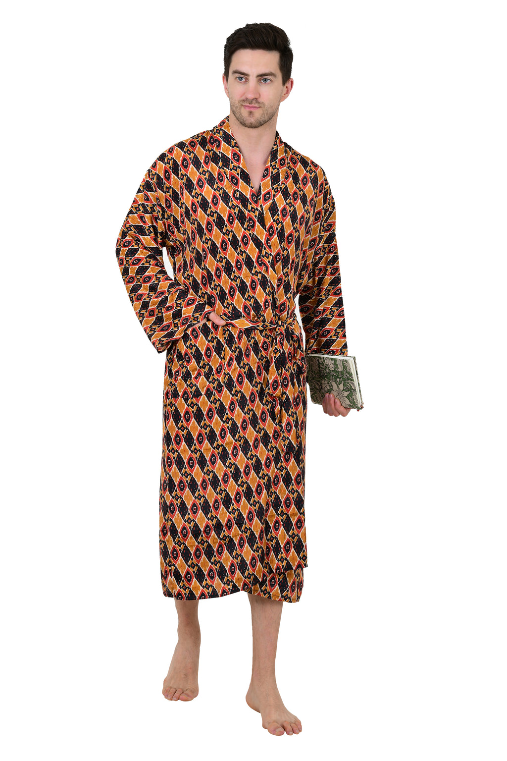Men's Silk Kimono Robe in yellow black ikat