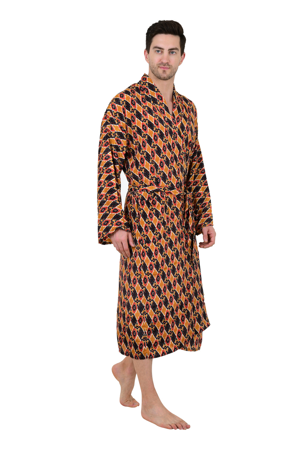 Men's Silk Kimono Robe in yellow black ikat