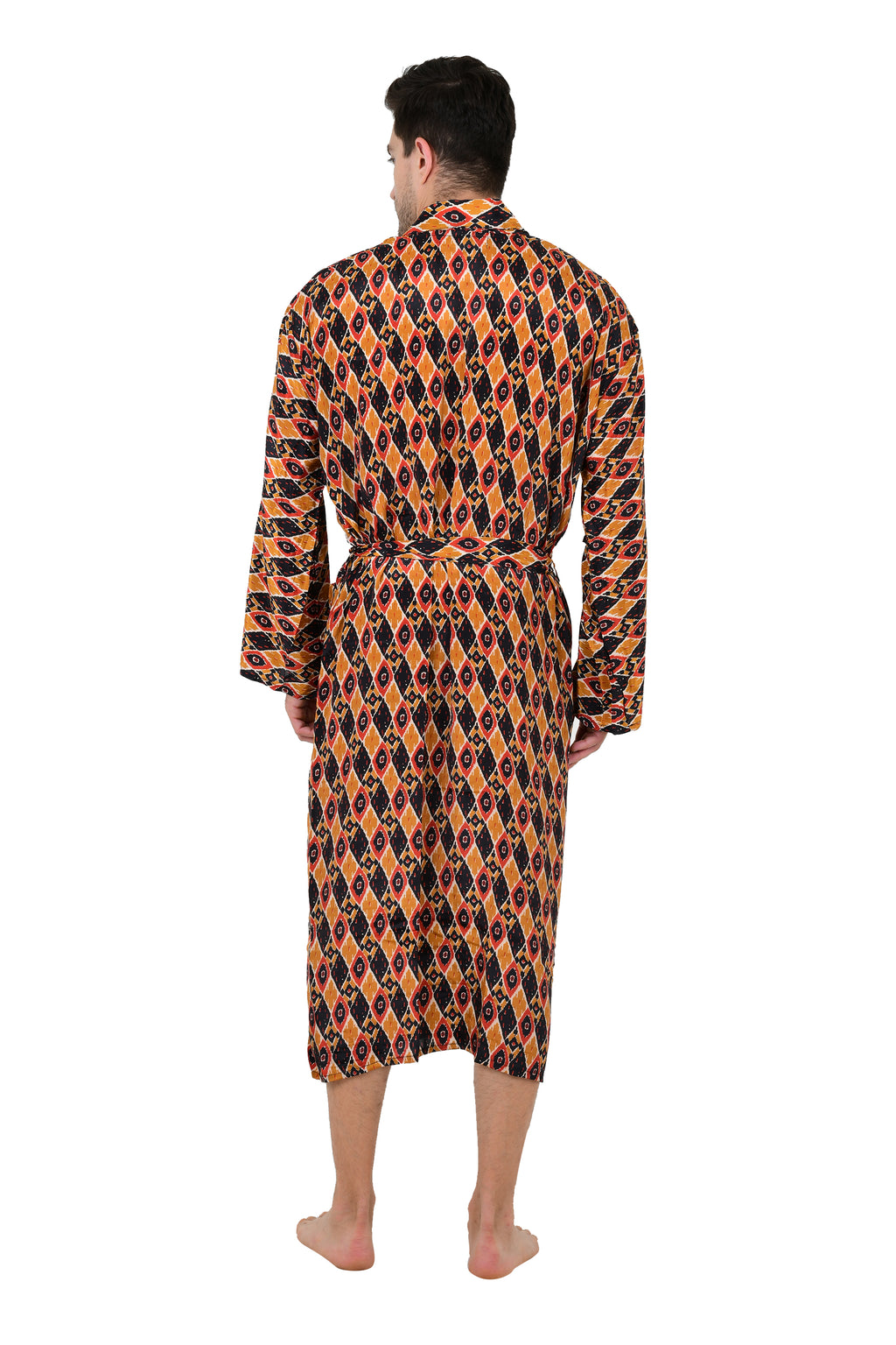 Men's Silk Kimono Robe in yellow black ikat