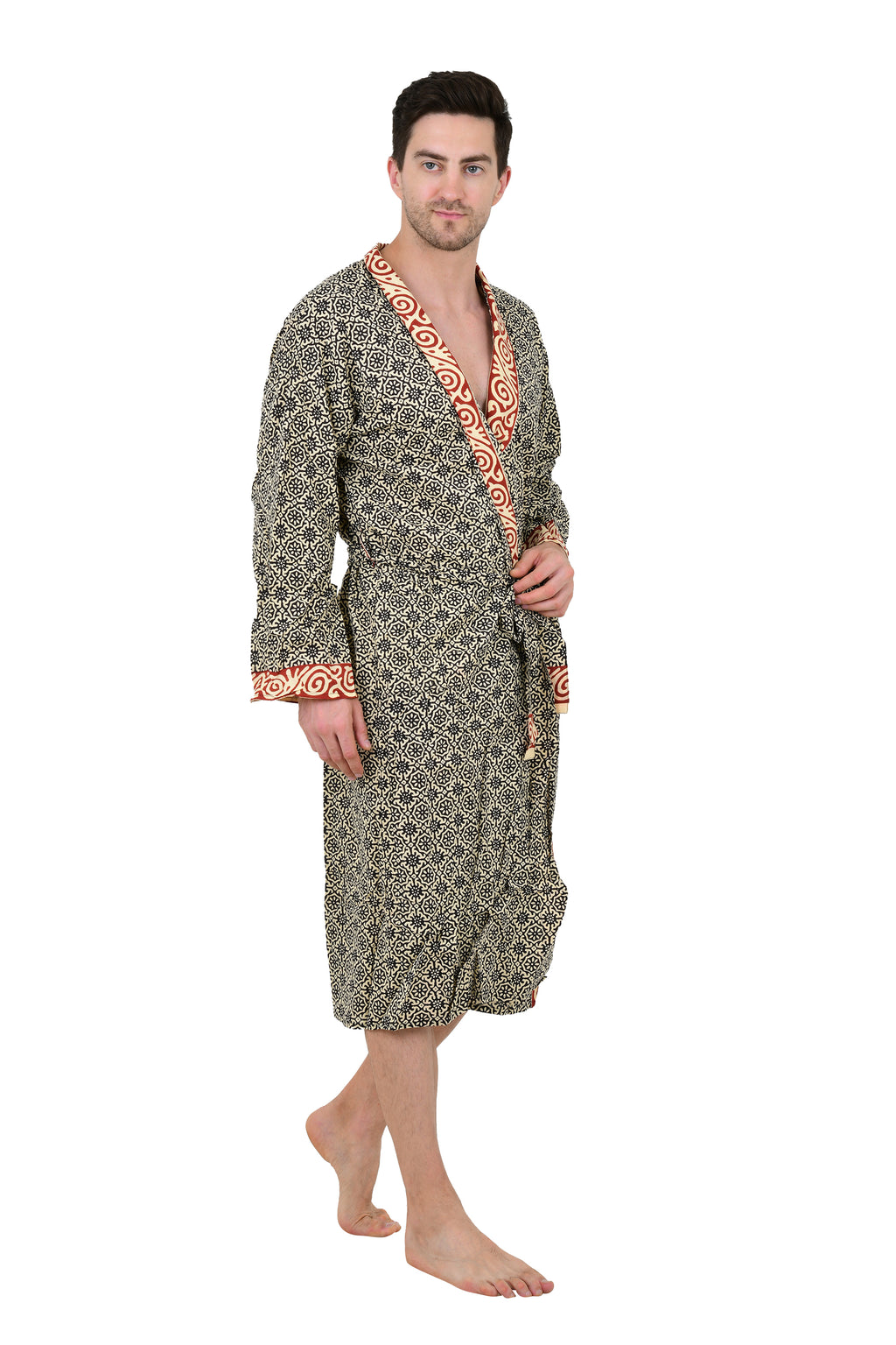 Men's block-printed Cotton Kimono Robe