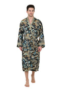 Men's Silk Kimono Robe in black blue floral