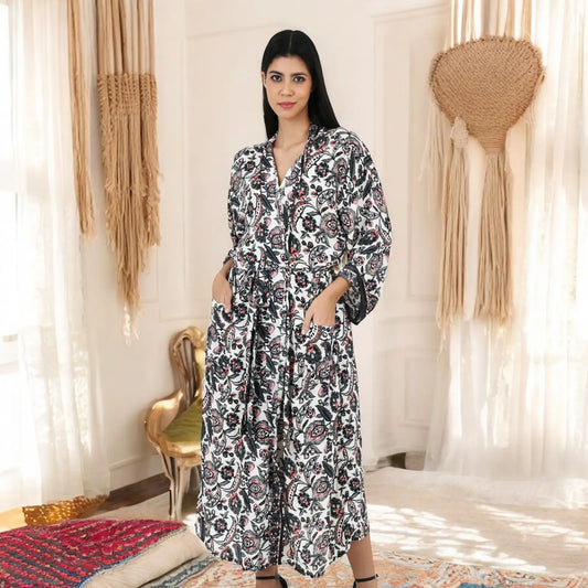 Silk Sari Women Kimono Cami Set | One Size White  Black Floral Print