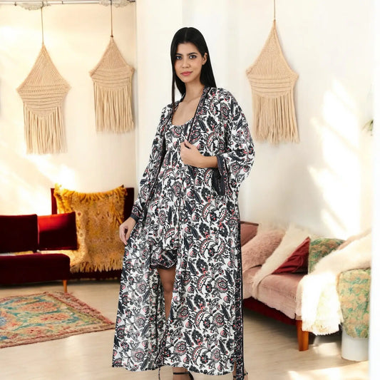 Silk Sari Women Kimono Cami Set | One Size White  Black Floral Print