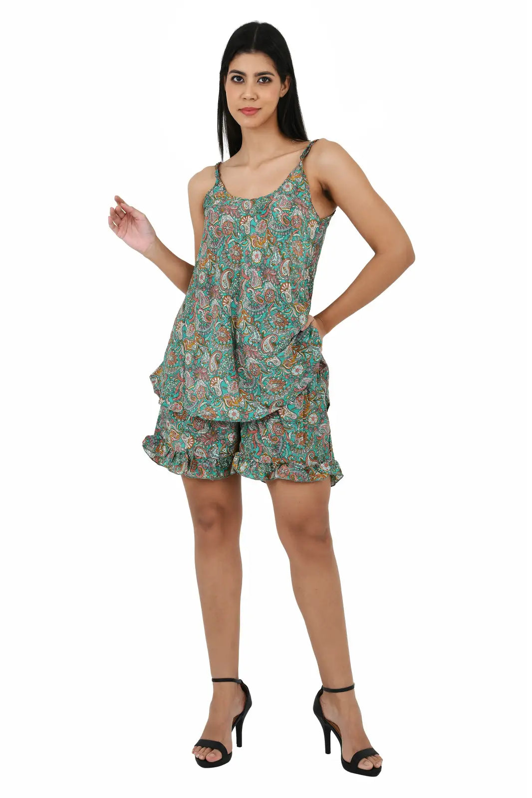 Silk Sari Women Kimono Cami Set | One Size Green Pink Paisley Print Gift For Her