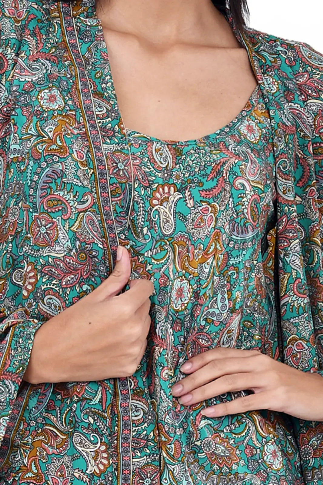 Silk Sari Women Kimono Cami Set | One Size Green Pink Paisley Print Gift For Her