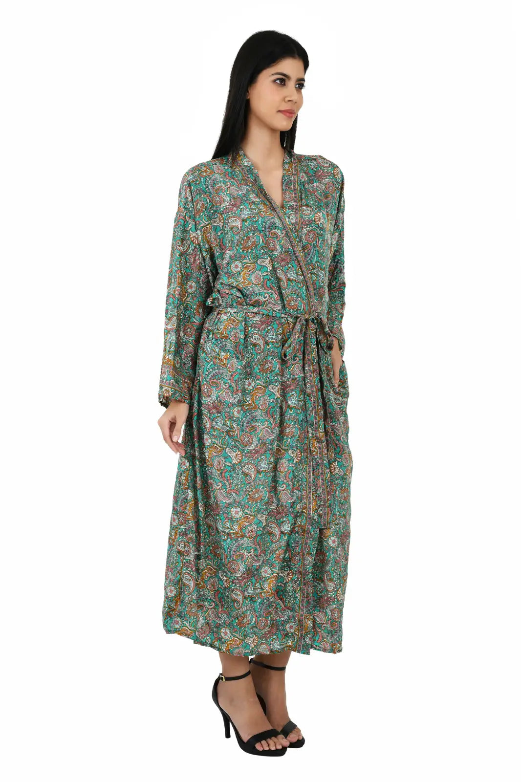 Silk Sari Women Kimono Cami Set | One Size Green Pink Paisley Print Gift For Her