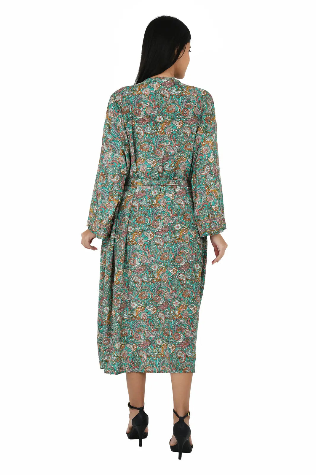 Silk Sari Women Kimono Cami Set | One Size Green Pink Paisley Print Gift For Her
