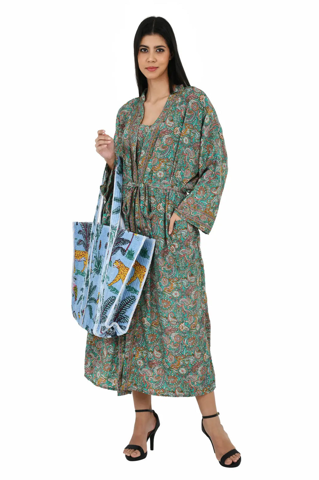 Women's Silk Kimono & Cami Set in green pink paisley