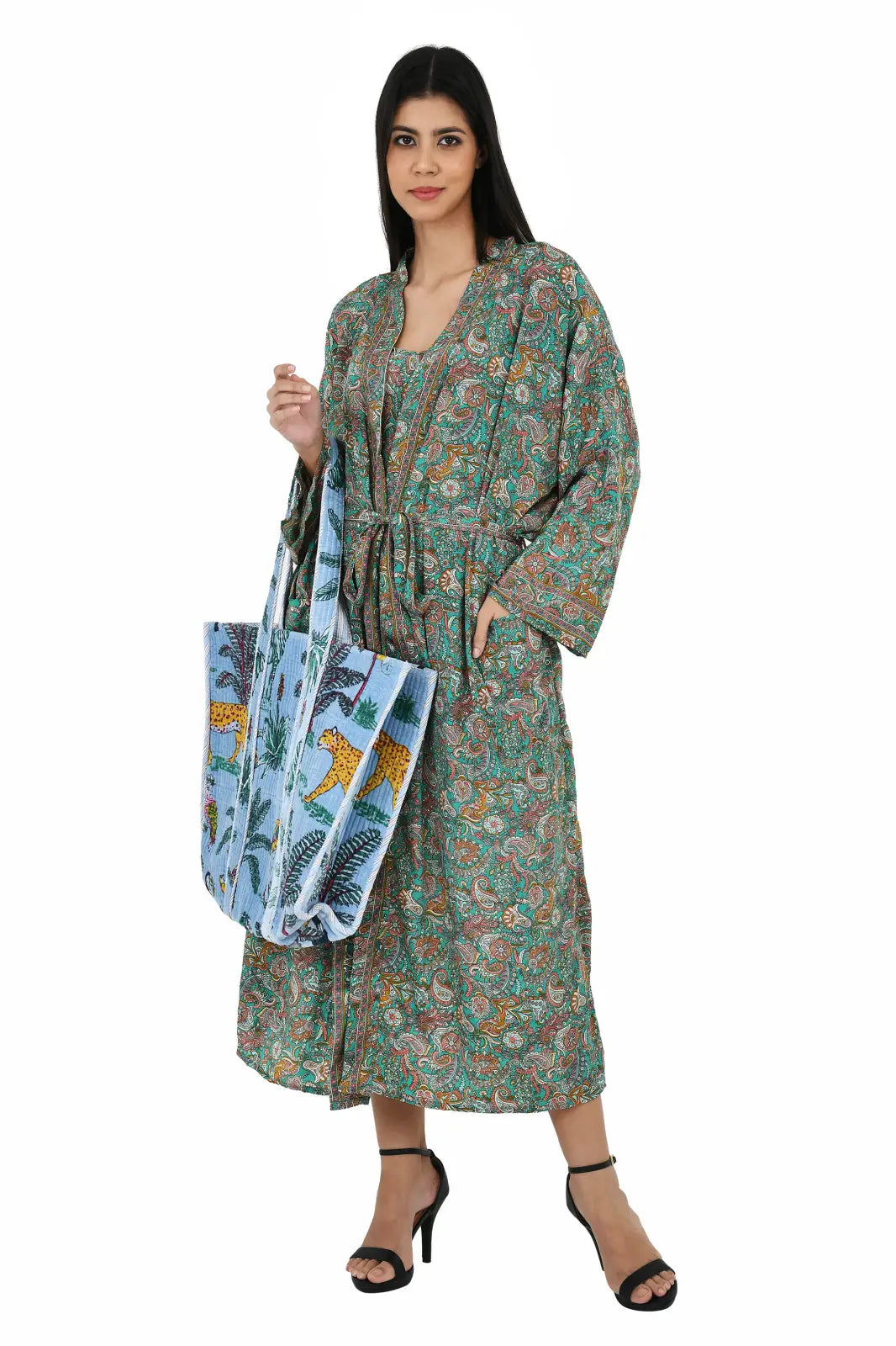 Silk Sari Women Kimono Cami Set | One Size Green Pink Paisley Print Gift For Her
