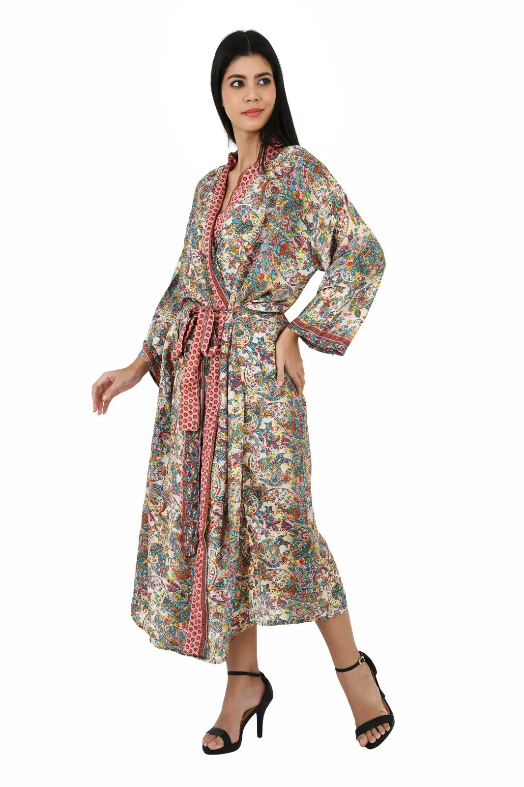 Silk Sari Women Kimono Cami Set | One Size Ivory Pink Blue House Robe