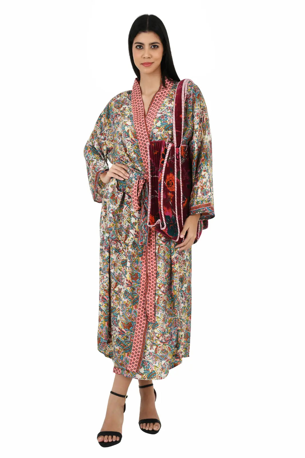 Silk Sari Women Kimono Cami Set | One Size Ivory Pink Blue House Robe