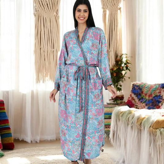 Silk Sari Women Kimono Cami Set | One Size Pastel Blue Pink Floral Lounge Wear
