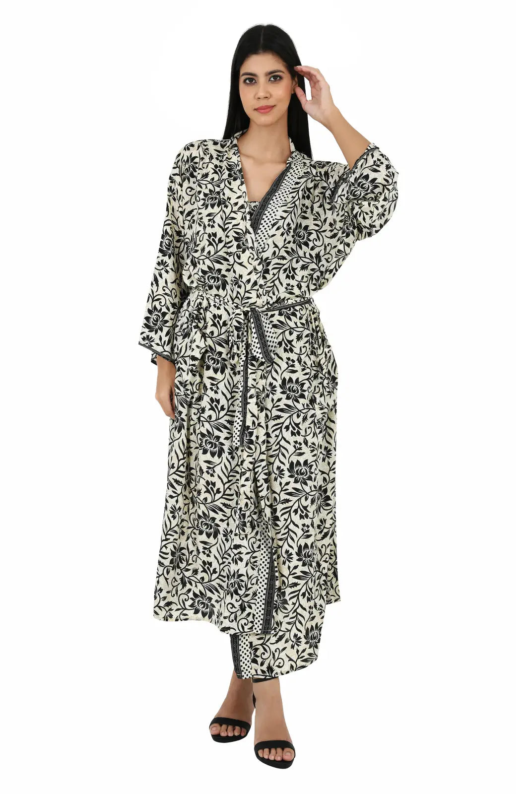 Silk Sari Women Kimono Cami Set | One Size Pastel Ivory Black Floral Relax Wear Camisole