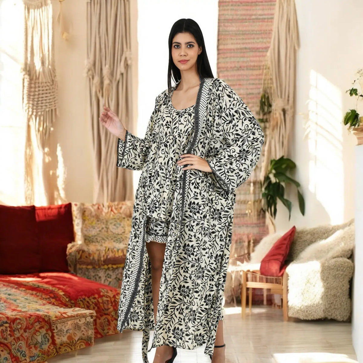 Silk Sari Women Kimono Cami Set | One Size Pastel Ivory Black Floral Relax Wear Camisole