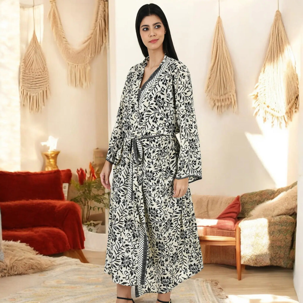 Women's Silk Kimono & Cami Set in ivory black floral