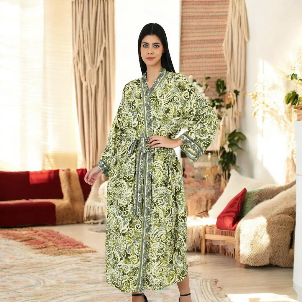 Women's Silk Kimono & Cami Set in green paisley