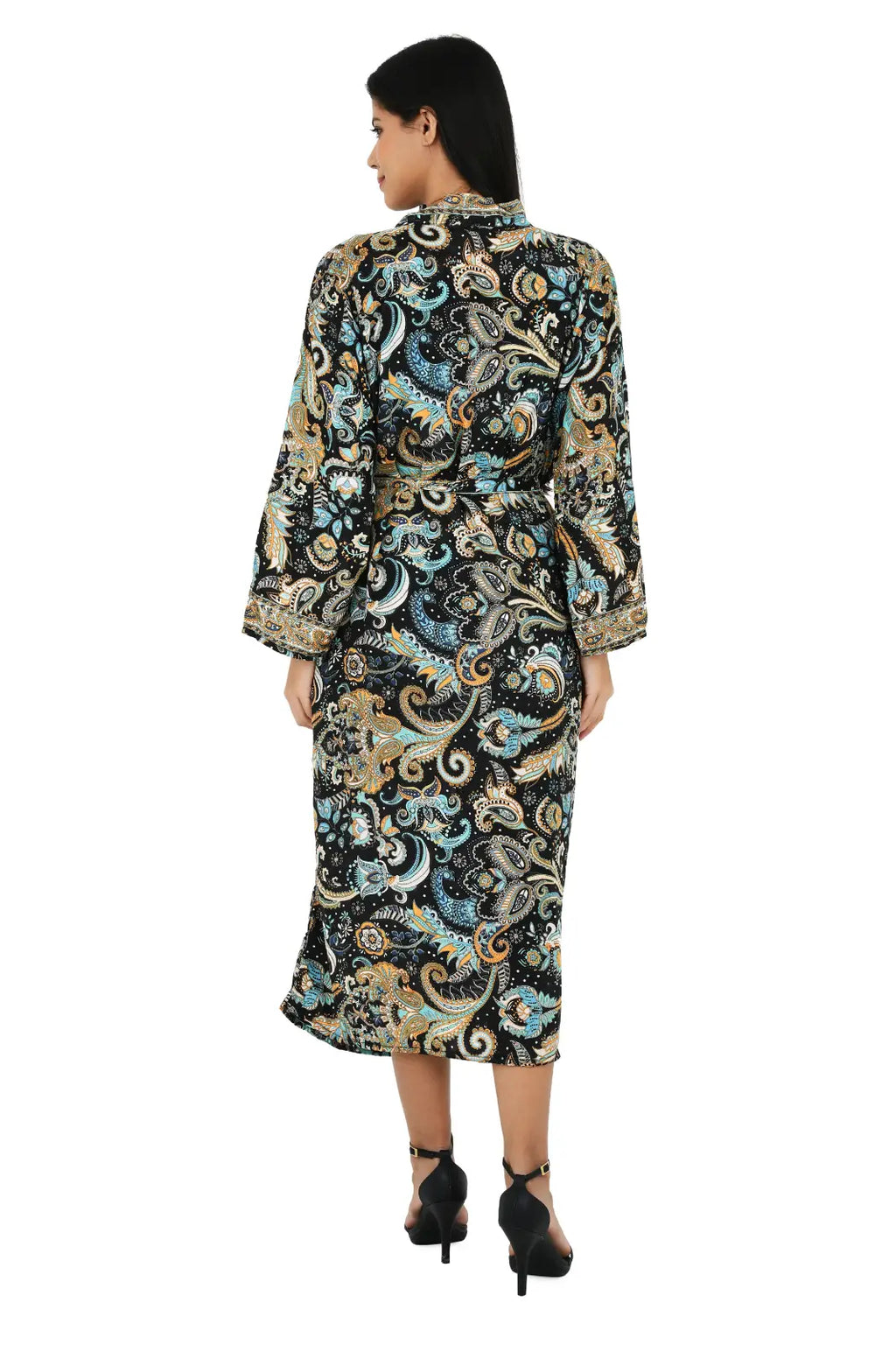 Women's Silk Kimono & Cami Set in black blue paisley