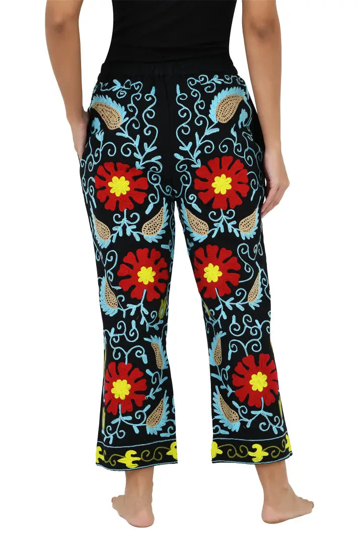 Boho Harem Pants Gift for Her â€“ Handmade Embroidered Suzani Festival Pants, Boho Hippie Lounge Pajamas with Pockets, Unique Floral Yoga Pant