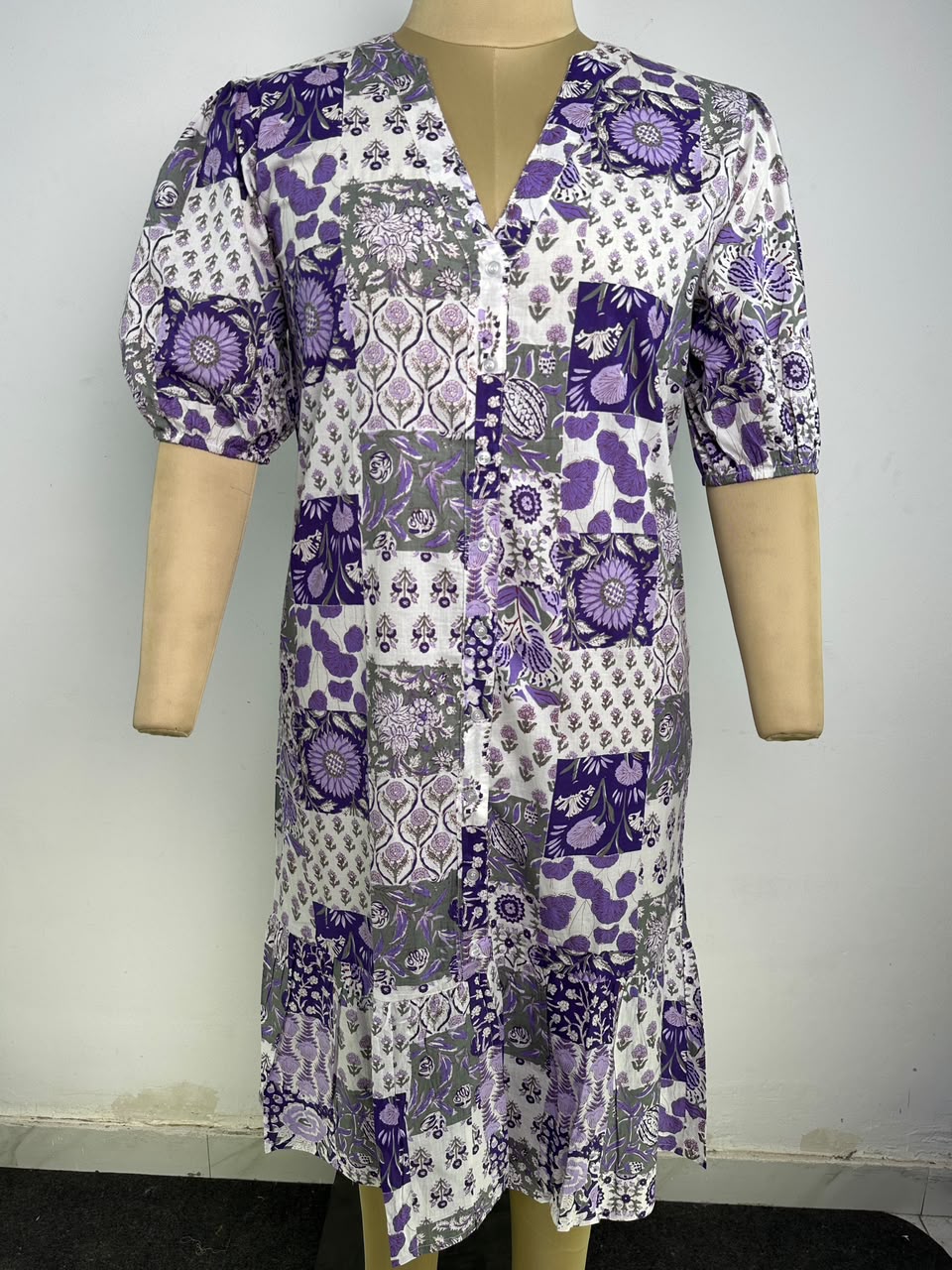 Women’s Cotton Dress | Boho Vacation Tunic Midi V Neck Summer Beach Sundress | Ruffle Patchwork Printed Garden Party Dress | Womens Clothing