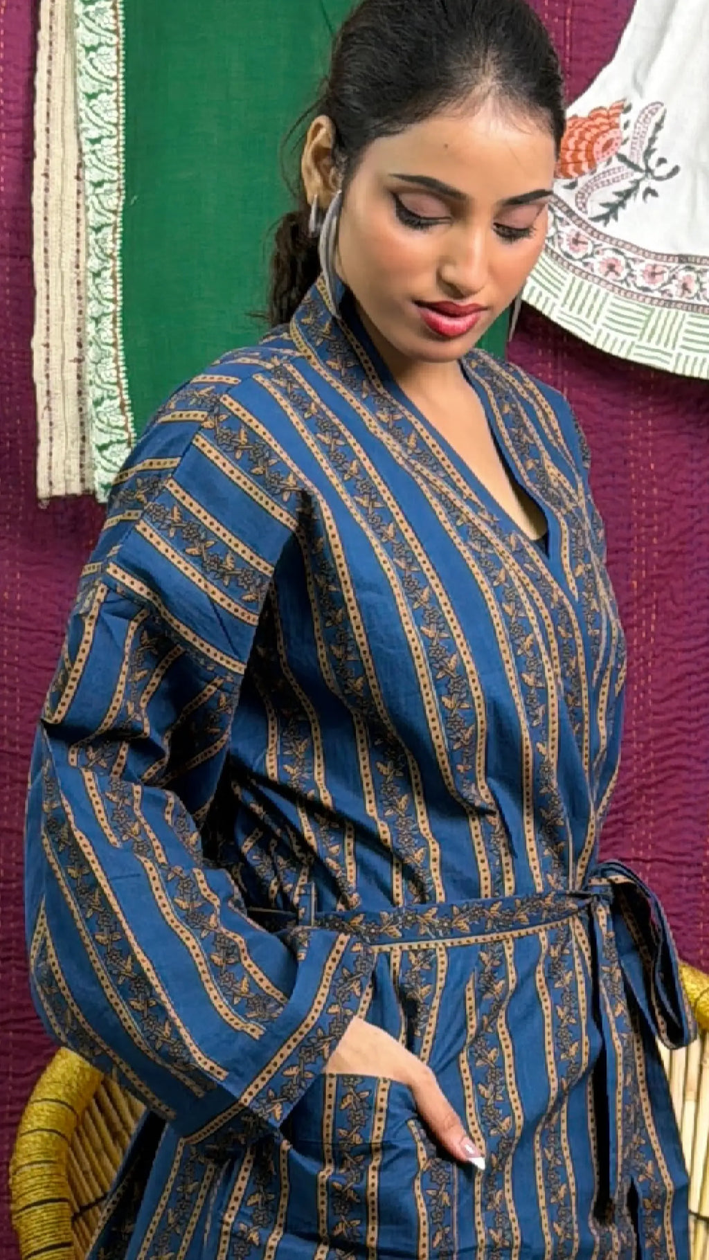 Cotton Kimono Robe | Handblock Striped Summer House Robe, Dressing Gown, Boho Beach Coverup, Bridesmaid dress Womens clothing, Gift For Her