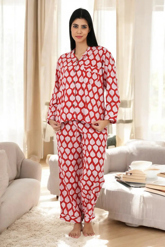 Cotton Women Pajama Set Comfortable Nightwear Summer PJ Set Red White Leaf Print
